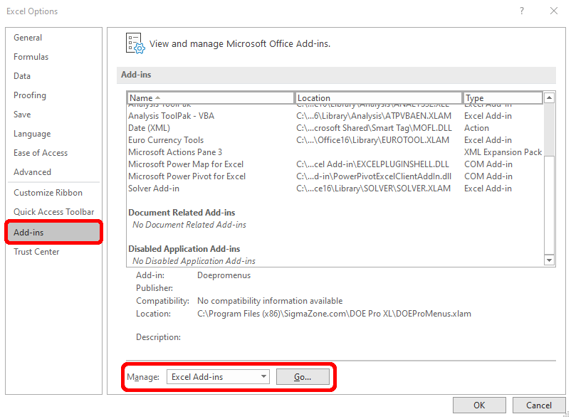 Excel Options dialog