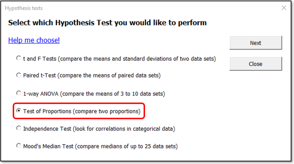 Hypothesis Test selection dialog