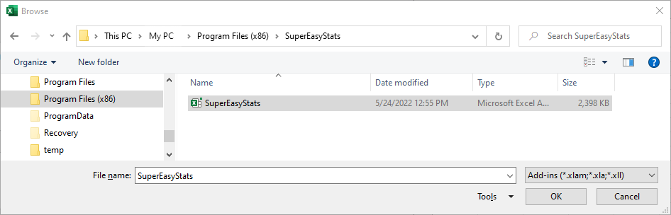 Select the SuperEasyStats add-in