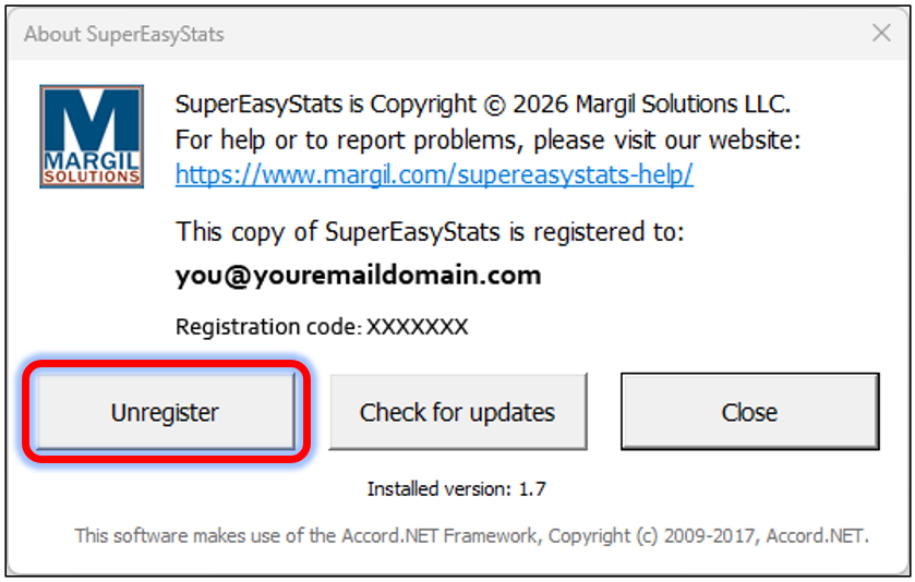 SuperEasyStats About dialog, with Unregister button highlighted
