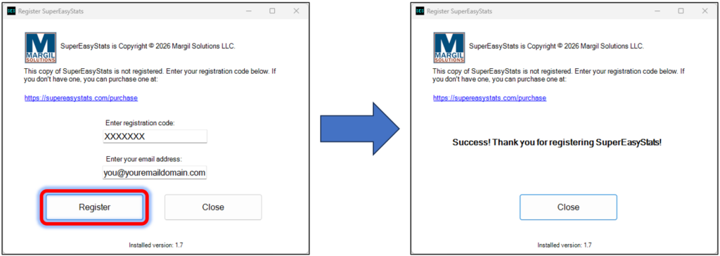 SuperEasyStats registration dialog box